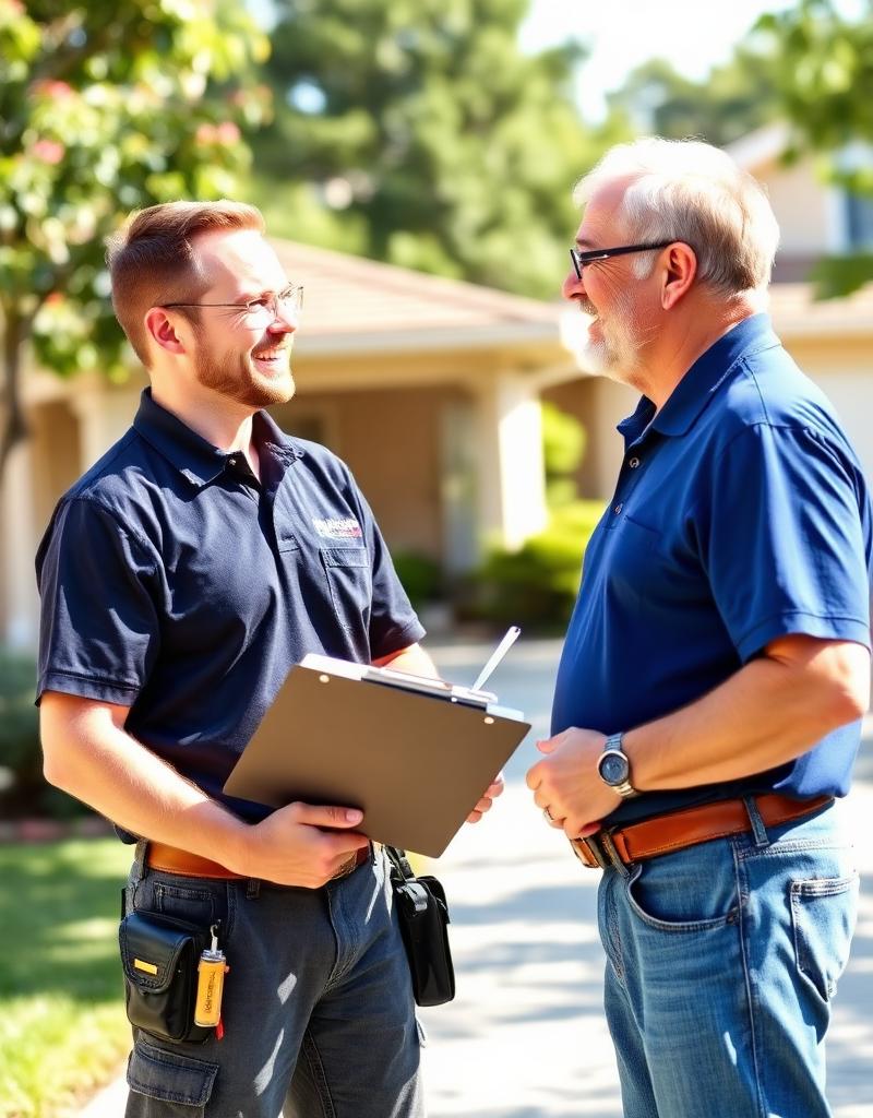 A friendly roofing inspector talking to a homeowner